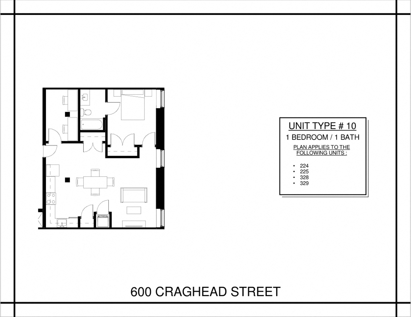 Floor plan for 1 bed, 1 bath, 700 sqft
